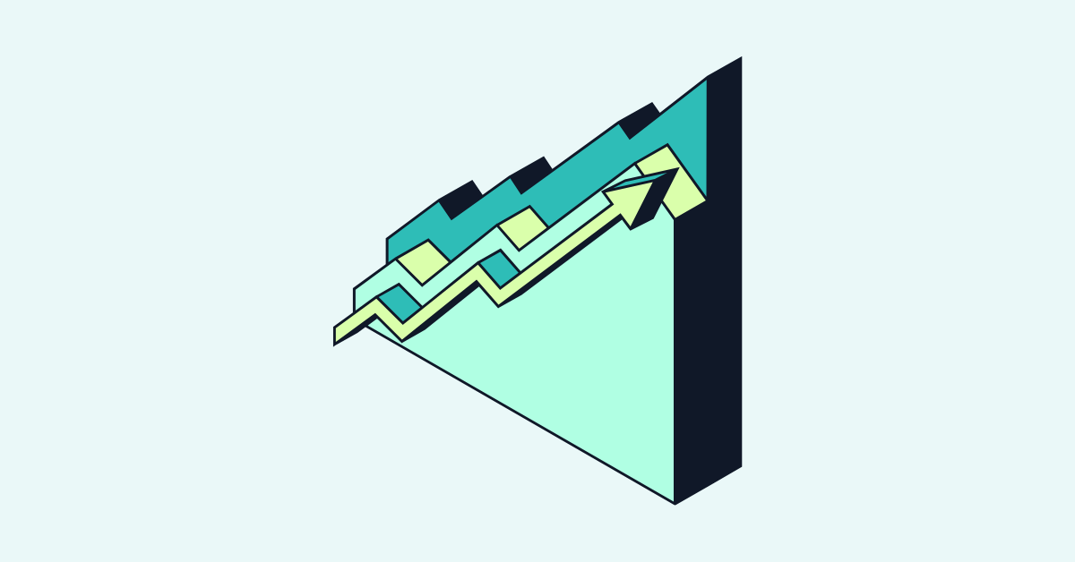 A 3-D isometric-style representation of several stacked graphs with a jagged line going up and indicating growth in blues and light greens.