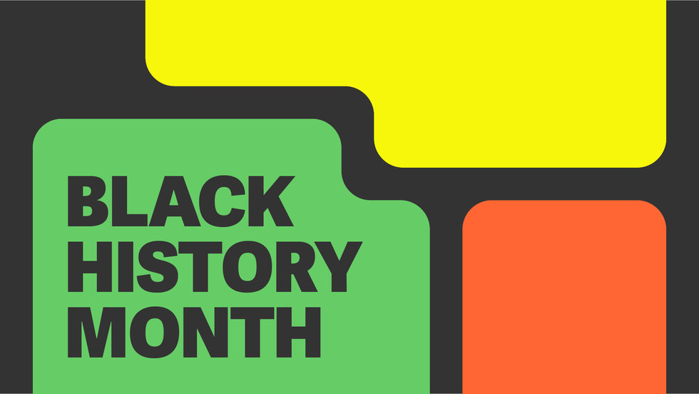 a black, green, yellow, and red image that says "Black History Month" in black font and highlights black history month ideas at work