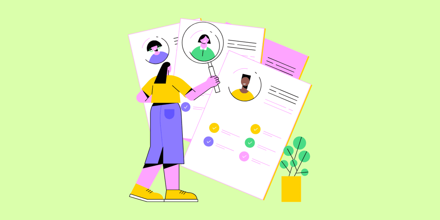 A cartoon image of a figure standing with a magnifying glass in front of larger-than-life resumes with different images and portrayed skillsets.