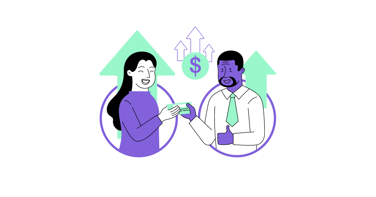 A cartoon image of a woman exchanging money with a cartoon image of a man
