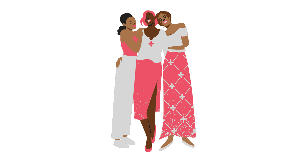 A cartoon image of three Black and brown women who are smiling and are friends
