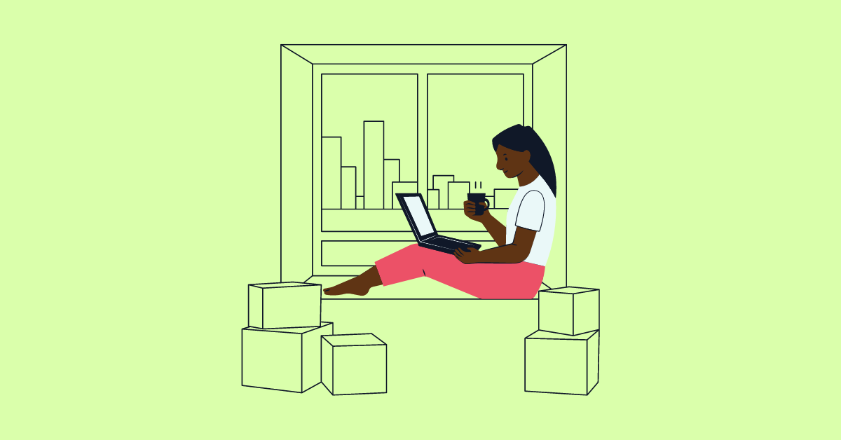 A cartoon woman sits in a window seat with her laptop, sipping coffee and working in front of a skyline.