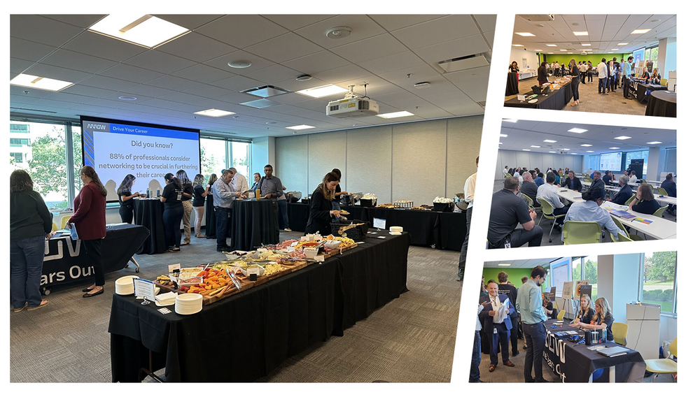 A collage of four photos: Employees at Arrow Electronics attending various events with food, presentations, and more