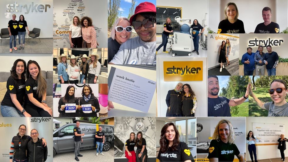 A collage of images showing various occassions and events where Stryker employees are working together.