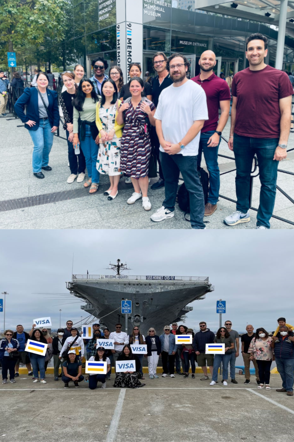 A collage with one image showing a group of Visa employees smiling for a photo in front of the 9/11 memorial museum, and another photo showing a group of Visa employees holding Visa signs in front of a military ship