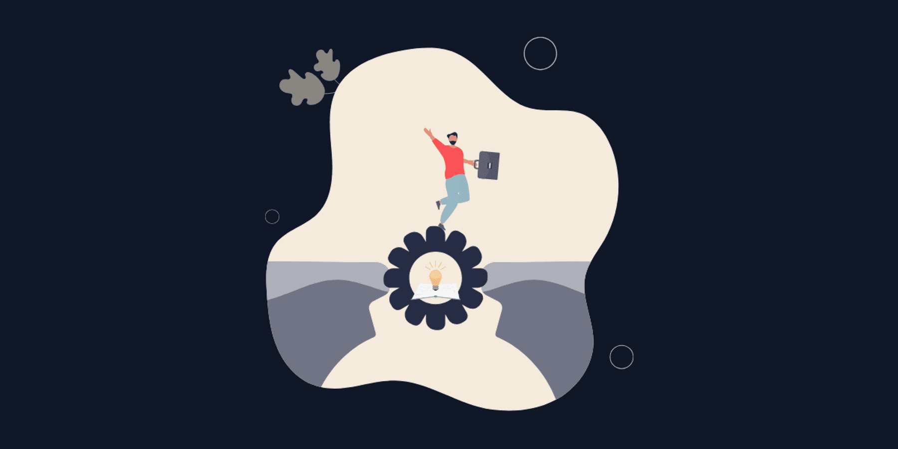 A dark background with a light-shaped blog featuring a figure carrying a briefcase, using a gear to bridge a gap between two cliffs.