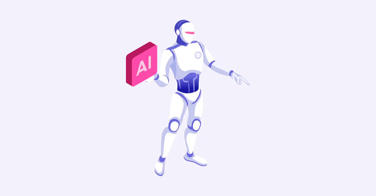 A full-sized illustrated robot holds a bright pink tile that reads 'AI' 