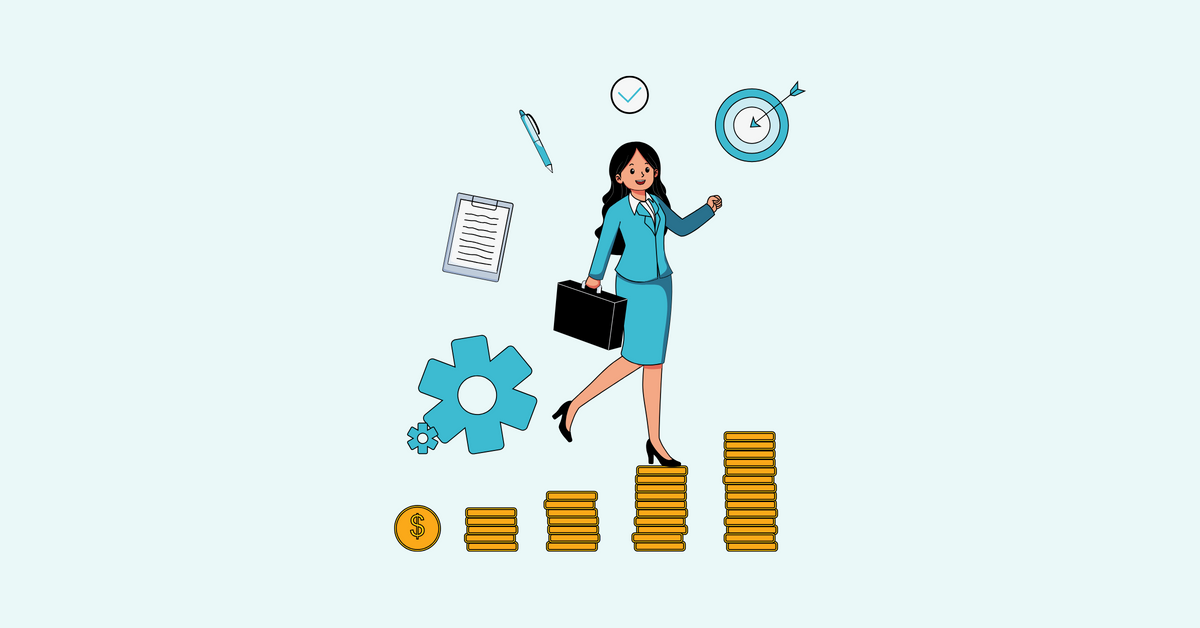 A graphic image of a woman walking up stacks of coins surrounded by various icons like a pencil, a notepad, and a target to symbol going through a career pivot