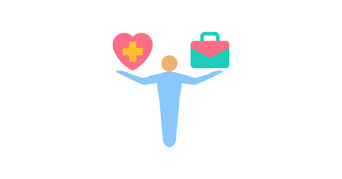 A graphic of a person holding a briefcase in one hand and a heart with a plus sign inside of it in another