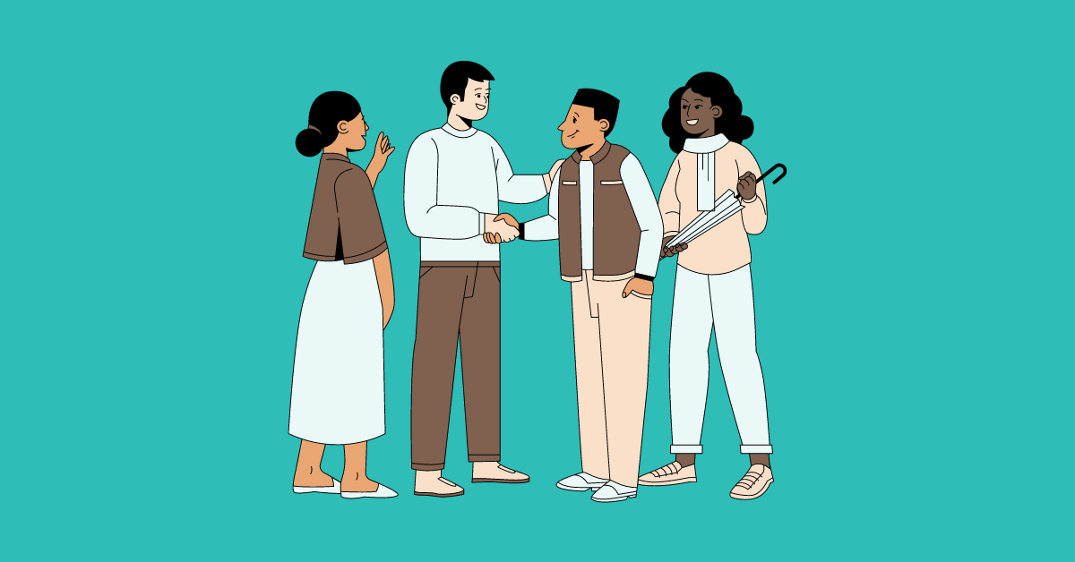 A group of four diverse illustrated people stand in a loose crowd, communicating and shaking hands.