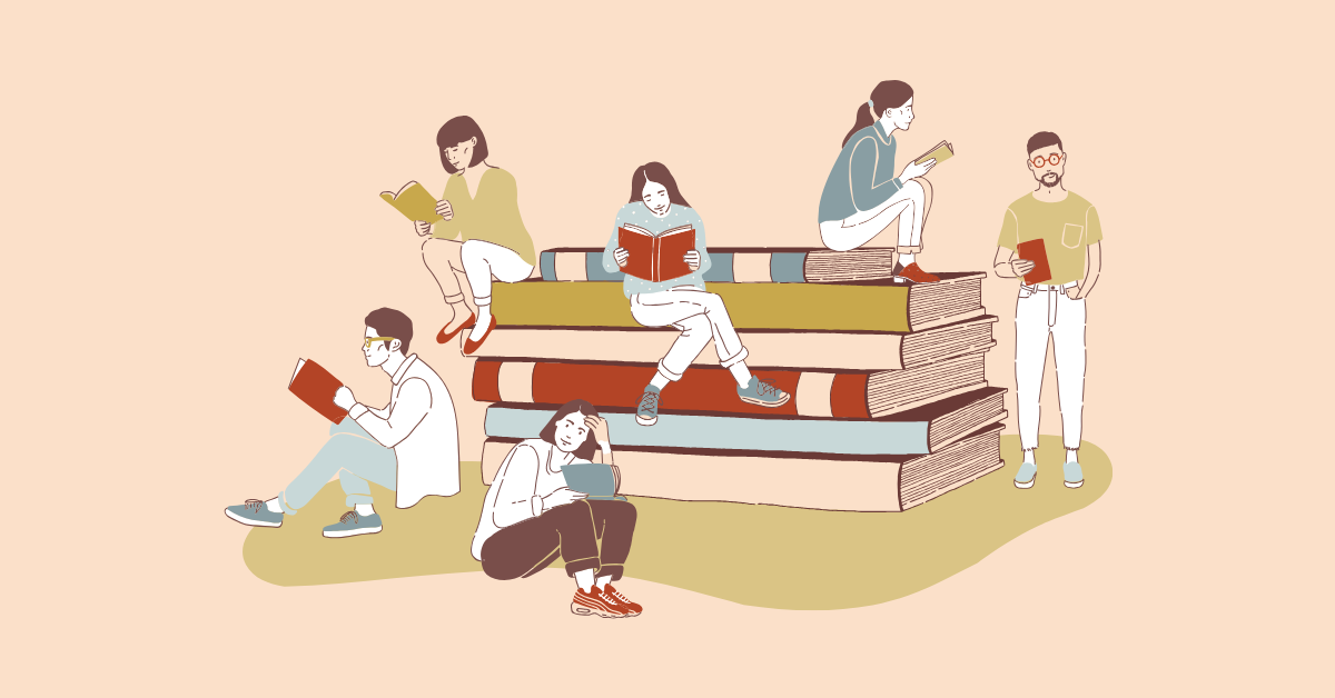 A group of illustrated people sit atop a larger-than-life pile of books, each holding their own regular-sized book in their hands in various stages of reading. 