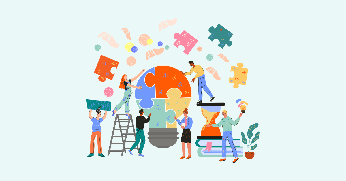 A group of people stands around a large colorful lightbulb comprised of puzzle pieces. Additional pieces swirl around the environment as they all work together to assemble the pieces.