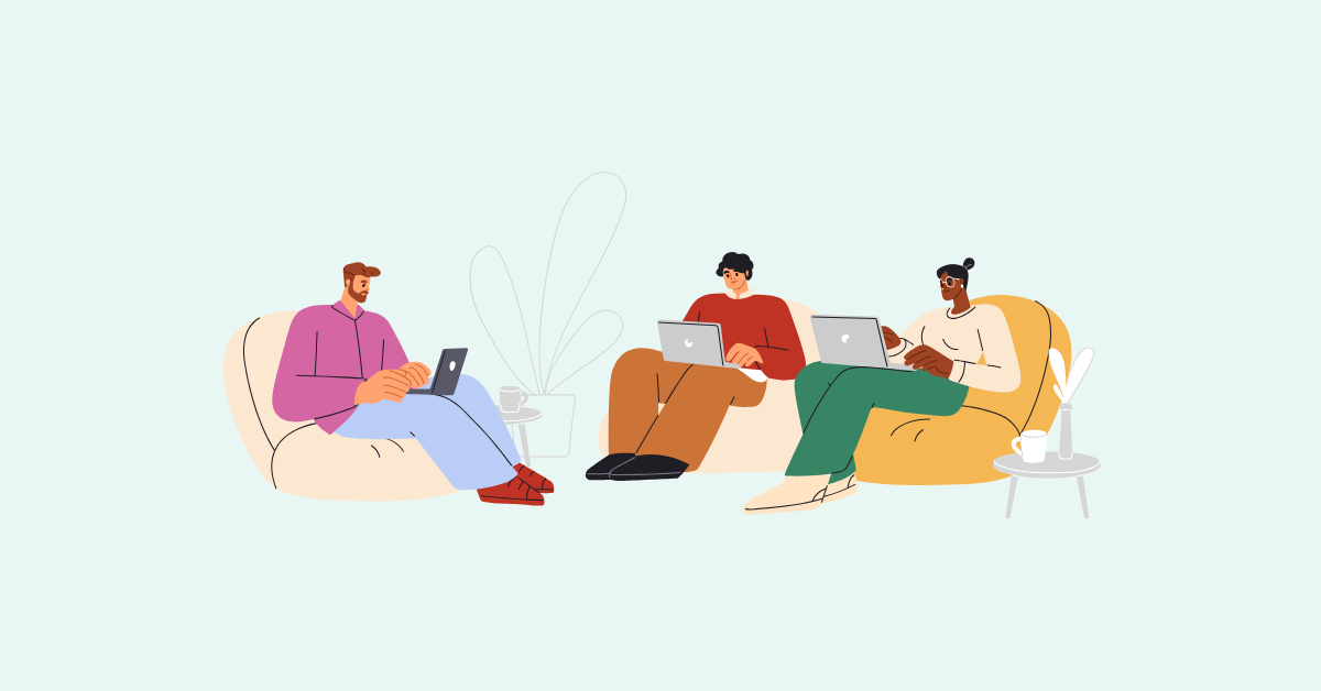 A group of stylized figures sit on big cushy chairs in a minimalist coffee shop environment, all working on laptops.