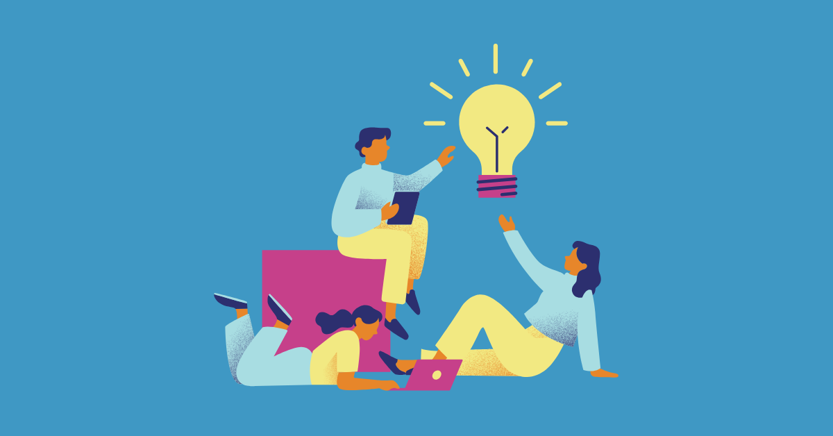 A light blue background with three illustrated figures sitting around together with a laptop. One figure is seated on a box with a tablet, and a large lightbulb hovers over all three.