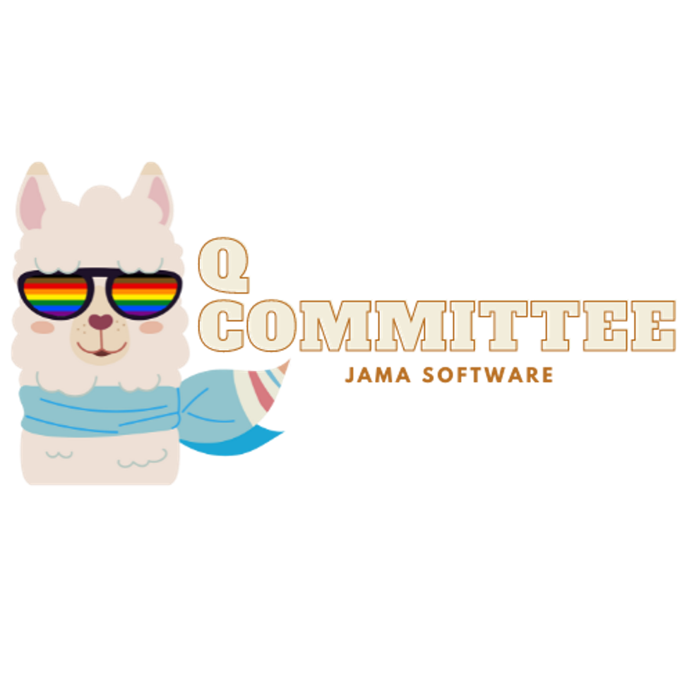 A llama wearing Pride sunglasses with text saying: Q committeee Jama Software
