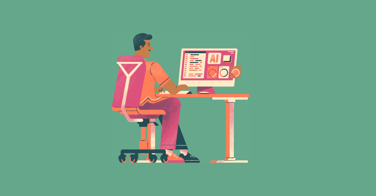 A male figure sits at a computer chair and desk with a desktop that clearly reads AI and contains visual imitations of data and charts on a sage-green background.