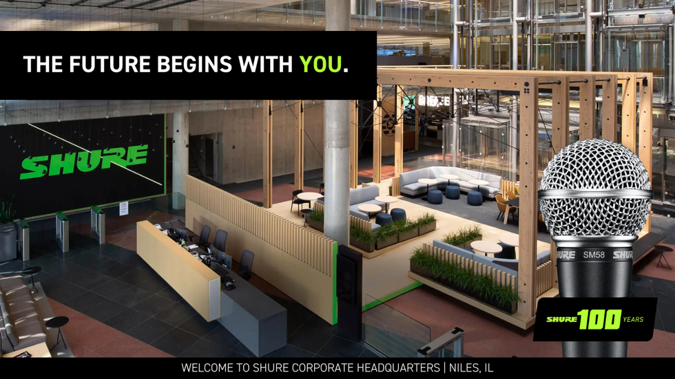 A photo of a Shure office in Niles, IL with the text: The future begins with you