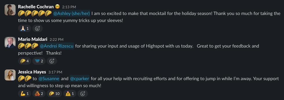 A screenshot of a Slack conversation showing three different team members at Jama Software giving kudos to other team members by sharing taco emojis and explaining what the team members did
