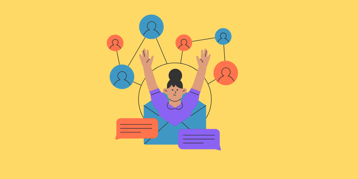 A simply illustrated figure bursts from an envelope on a bright yellow background surrounded by speech bubbles and figures in small circles, all connected via lines.