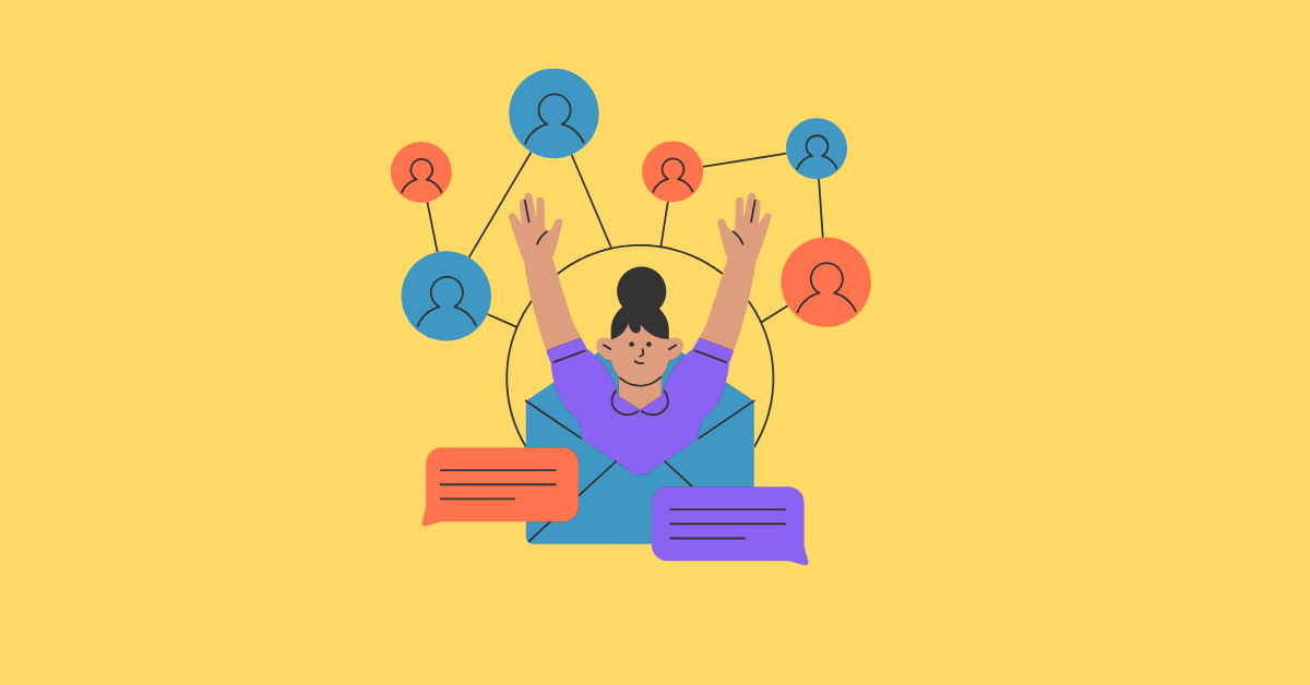 A simply illustrated figure bursts from an envelope on a bright yellow background surrounded by speech bubbles and figures in small circles, all connected via lines.