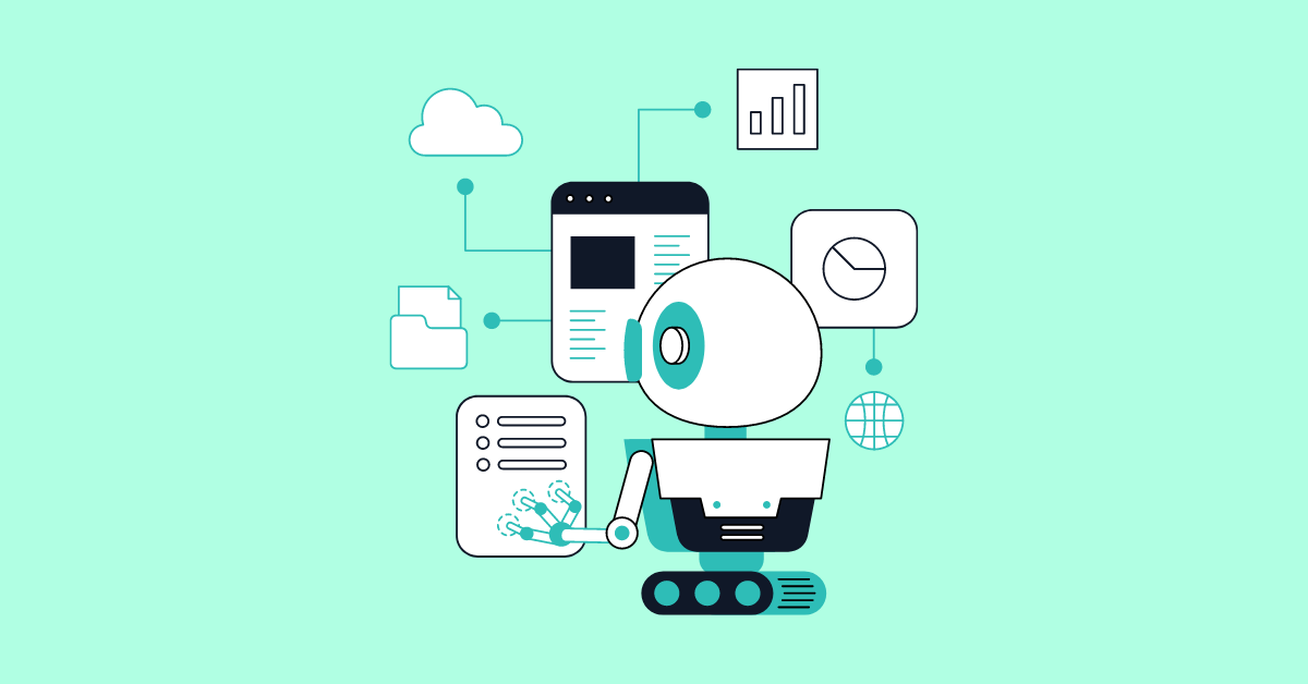 A small robot uses a bunch of floating interface-style windows with various icons and charts and graphs