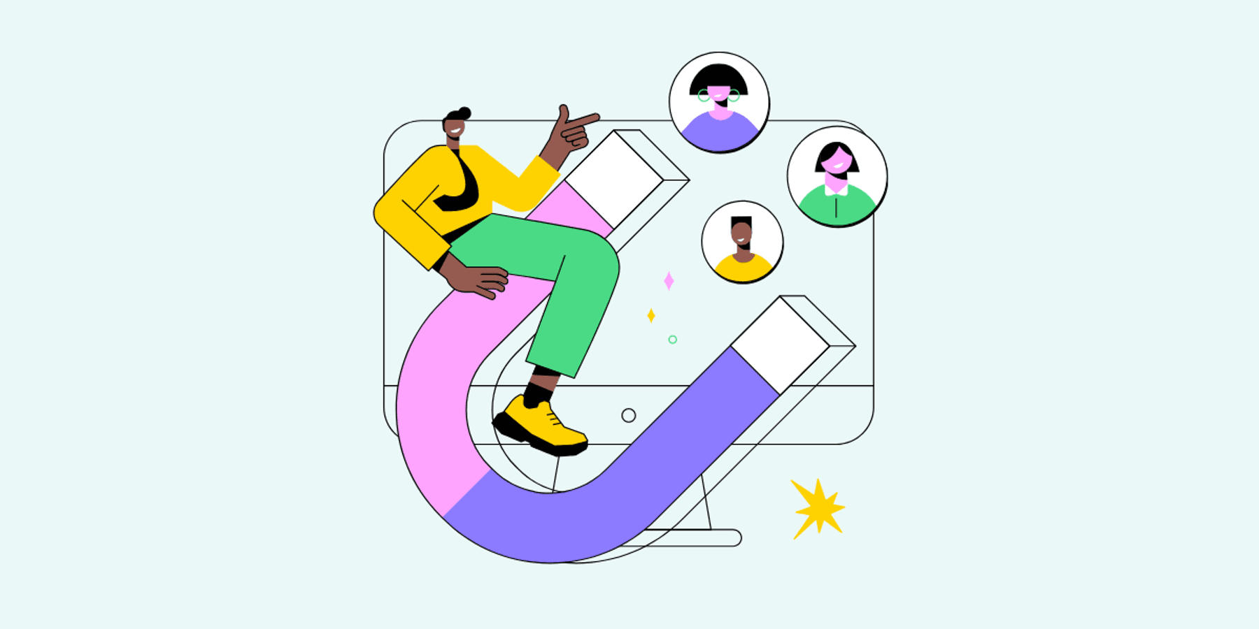 A somewhat abstract illustration of a figure riding a giant u-shaped magnet in front of a wireframe computer with floating bubbles that contain additional human heads.