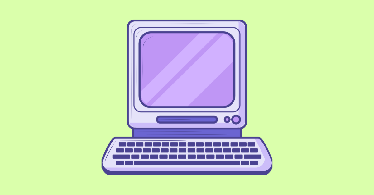 A stylized desktop computer on a light green background with a keyboard and blank screen. 