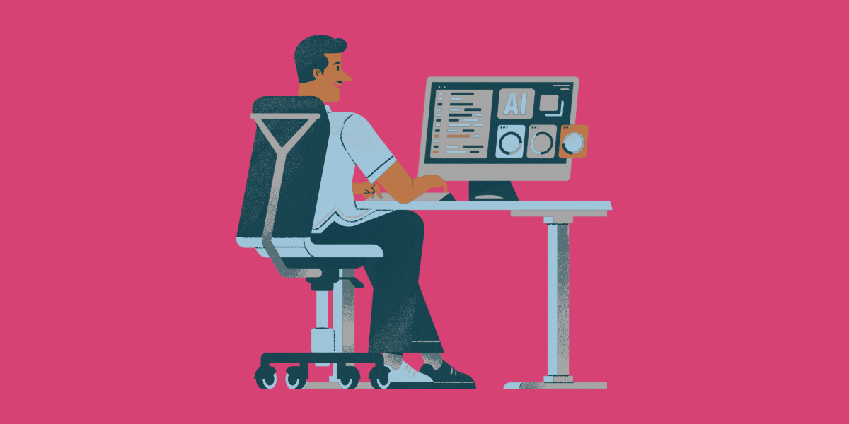 A stylized figure sits in a desk chair at a desk with a large monitor, illustrated with 'AI' and several dashboards on a magenta background.