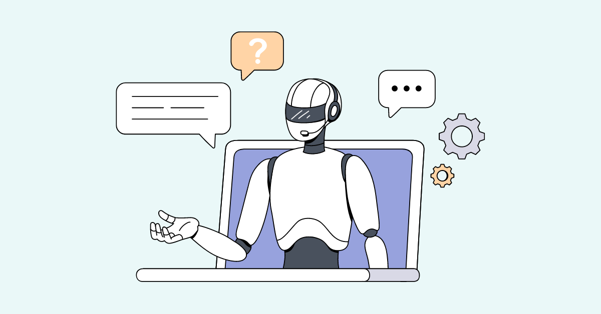 A stylized laptop with a robot wearing a customer-service style headset breaking the frame while it displays speech bubbles indicating questions.