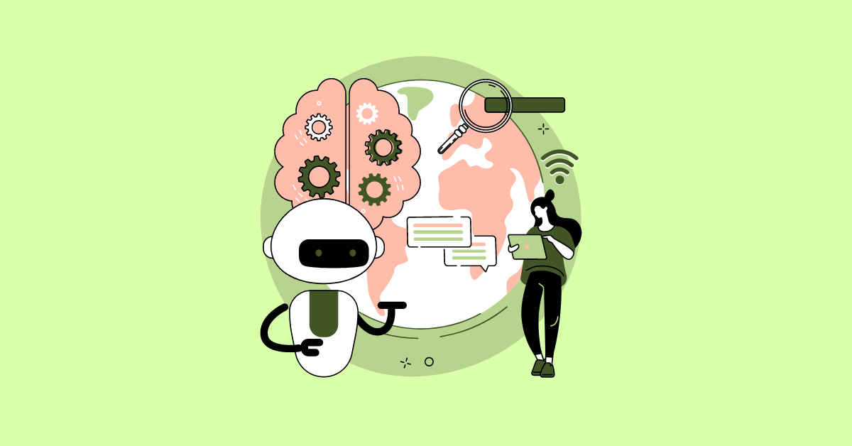 A stylized world globe surrounded by a cartoon brain, robot and figure using a tablet with speech bubbles.