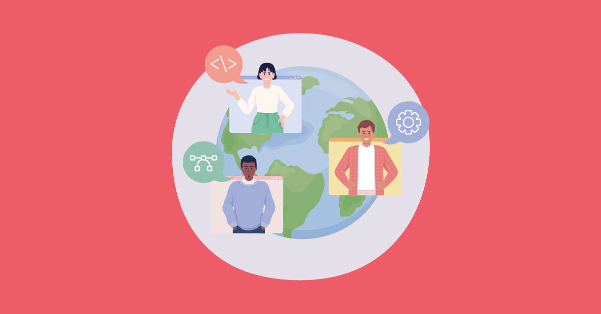 A trio of illustrated figures stands in front of a globe on a red background, all with graphic speech bubbles representing different parts of AI workflow.