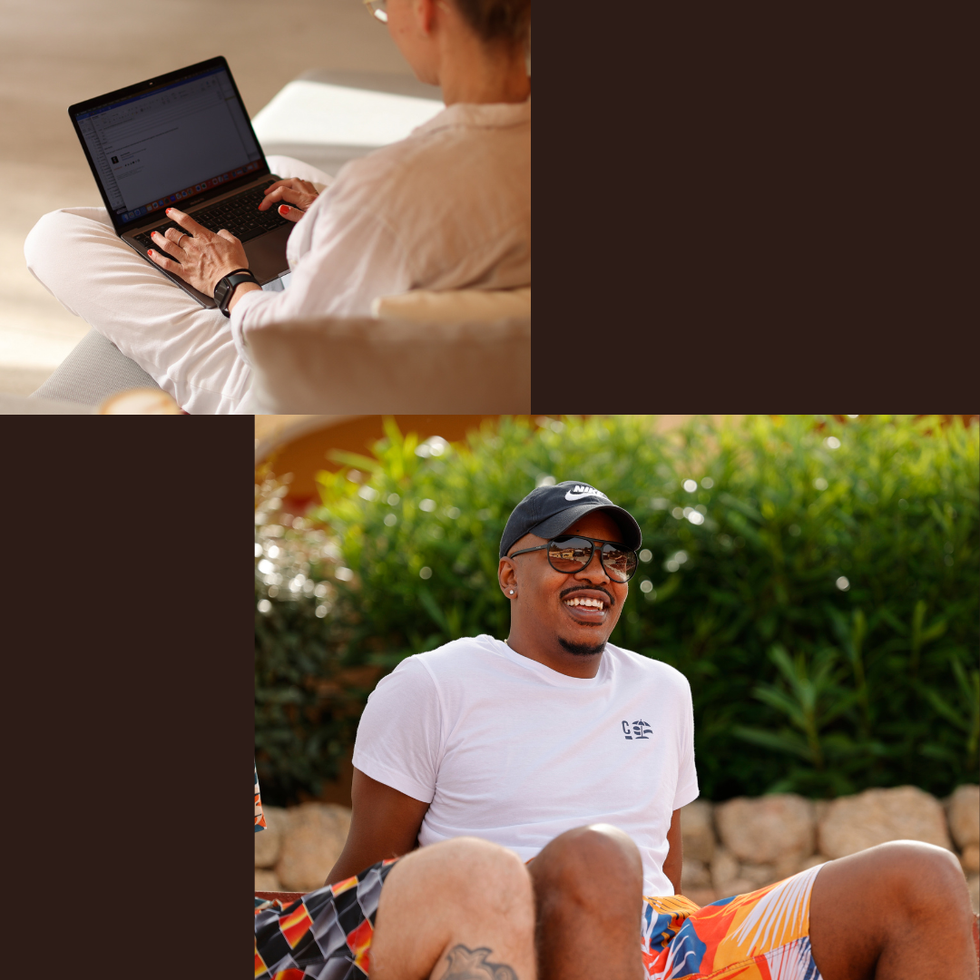 A woman working on her compuer from a home next to another image of a man smiling outside