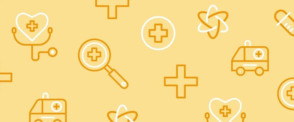 A yellow and orange graphic with various wellness icons like an ambulance, red creoos symbol, and stethoscope