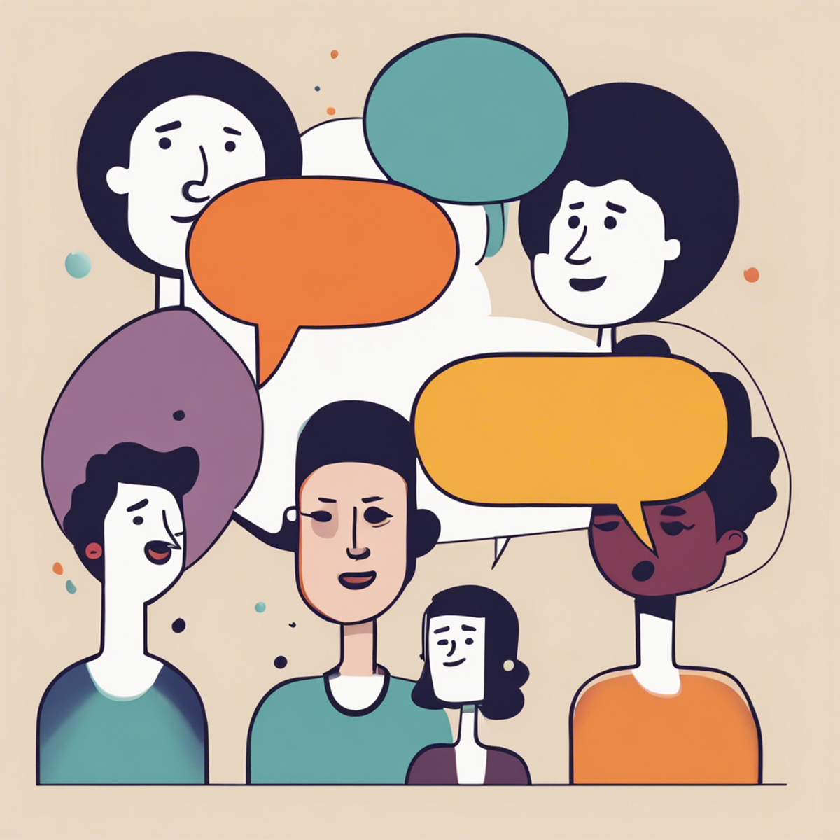 abstract cartoon style image of diverse people with speech bubbles above their heads
