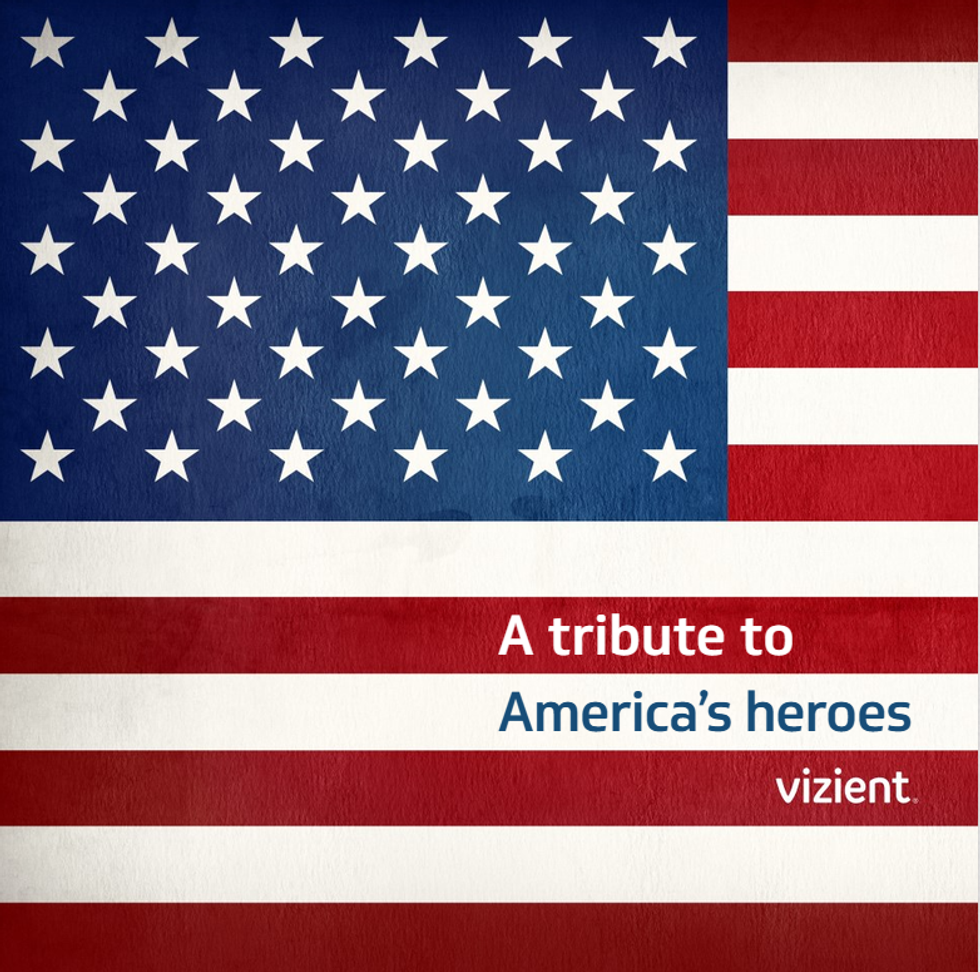 An American flag with text saying: A tribute to America's heroes, Vizient.