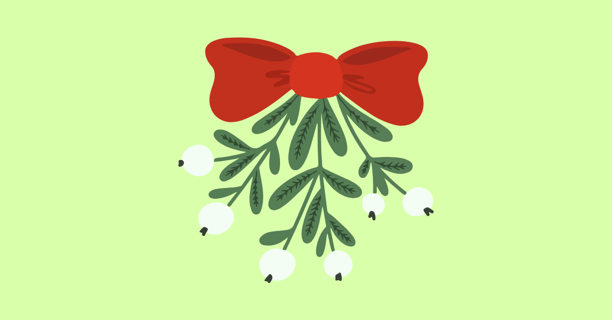 An graphic image of green wreath with a red bow on top of a light green background