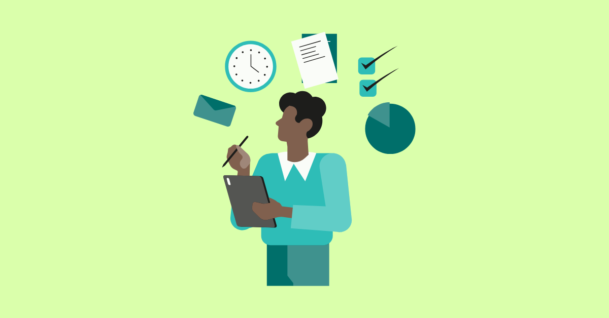 An illustrated and stylized figure on a light green background holds a tablet and pen, surrounded by productivity and office icons like a clock, charts, emails, and checkboxes. 