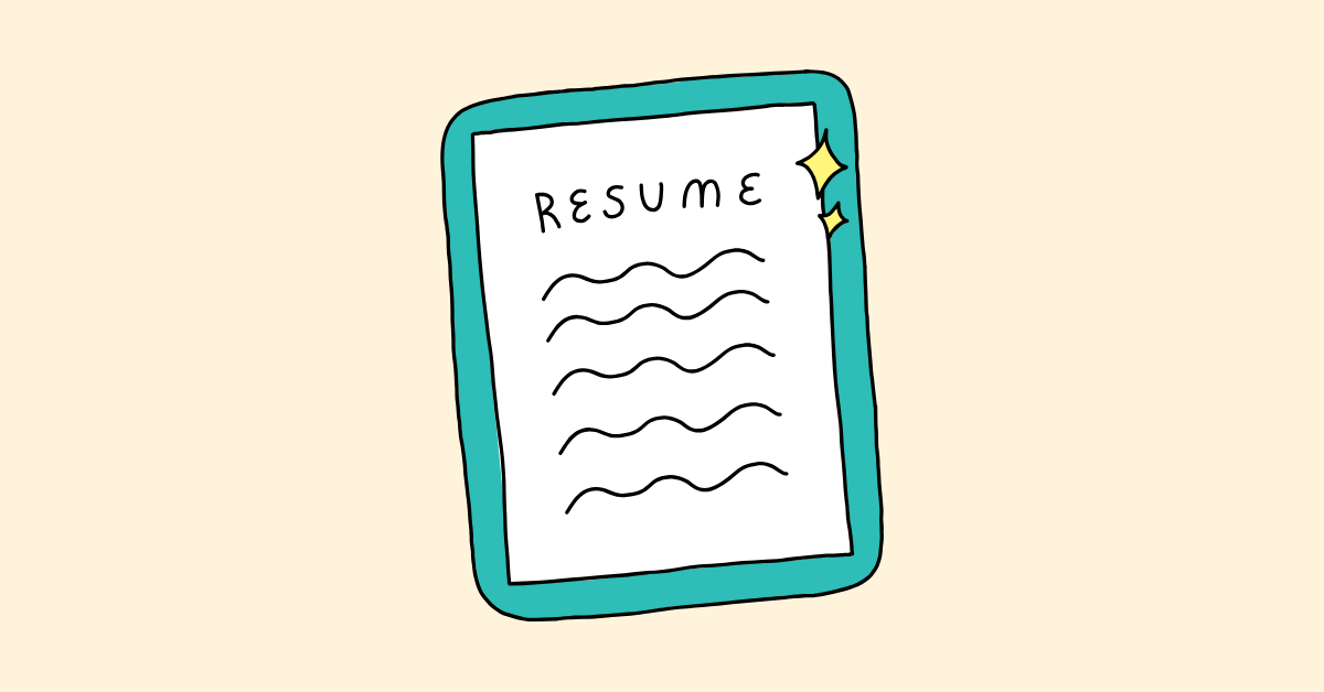 An illustrated, child-like illustration of a resume with sparkles in a blue frame on a light yellow background. 