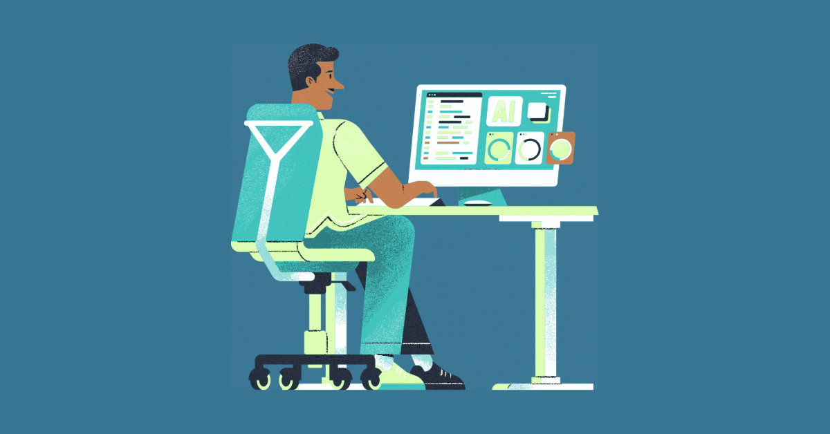 An illustrated figure sits at a desk in a chair using a desktop computer with various charts and figures in cool greens and blue tones.