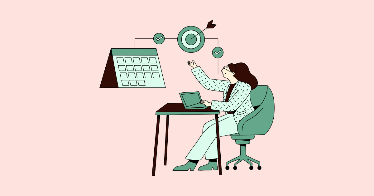 An illustrated figure sits in an office chair with a laptop on a light pink background. A calendar and a bullseye/arrow icon with some checkmarks cascade out from the desk. 