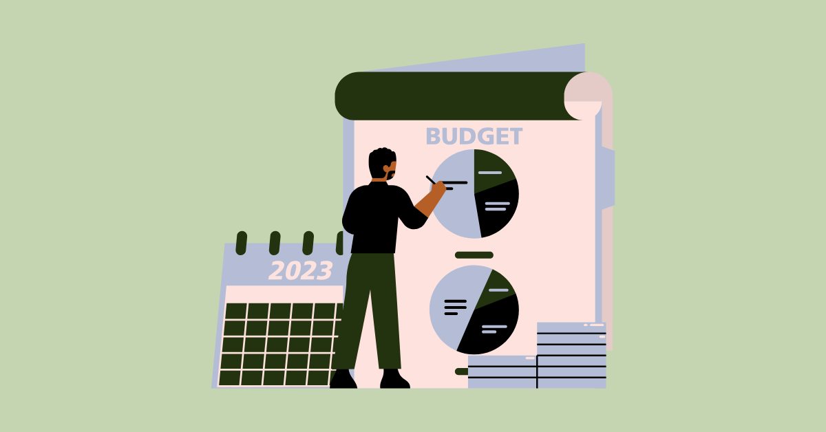 An illustrated figure stands on a light olive green background with a larger-than-life calendar, stacks of paper and clipboard with several pie charts