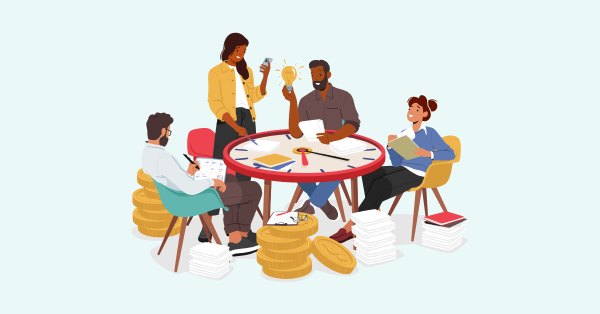 An illustrated group of diverse people stand and sit around a table made of a clock, surrounded by stacks of books and large gold coins. Each are communicating and taking notes, holding up a lightbulb, generally collaborating.