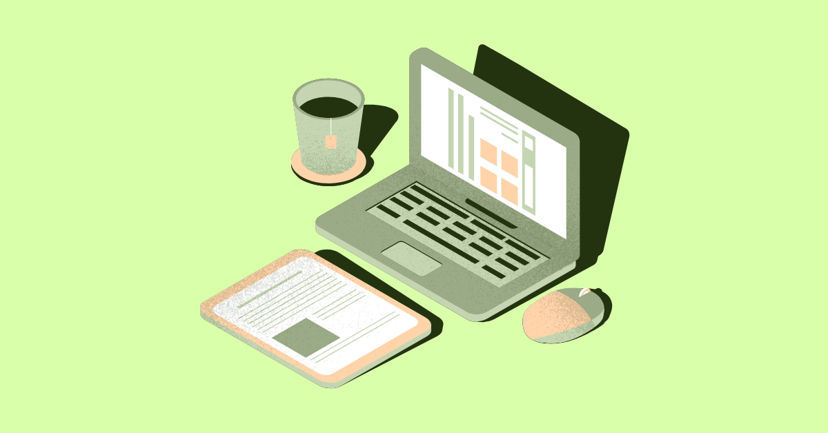 An illustrated laptop sits open on a lime green background with a mouse, a mug of tea, and a tablet. All devices show some kind of data representation. 