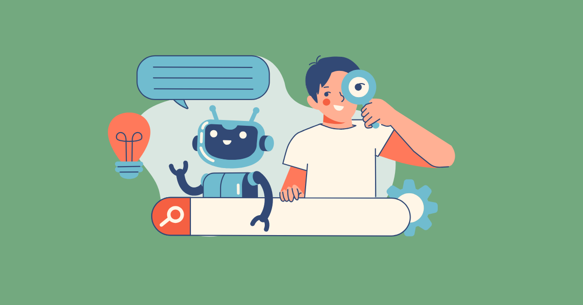 An illustrated robot and human stand next to each other above a search-engine style bar with icons like dialogue, a magnifying glass, and a gear in front of a green background.