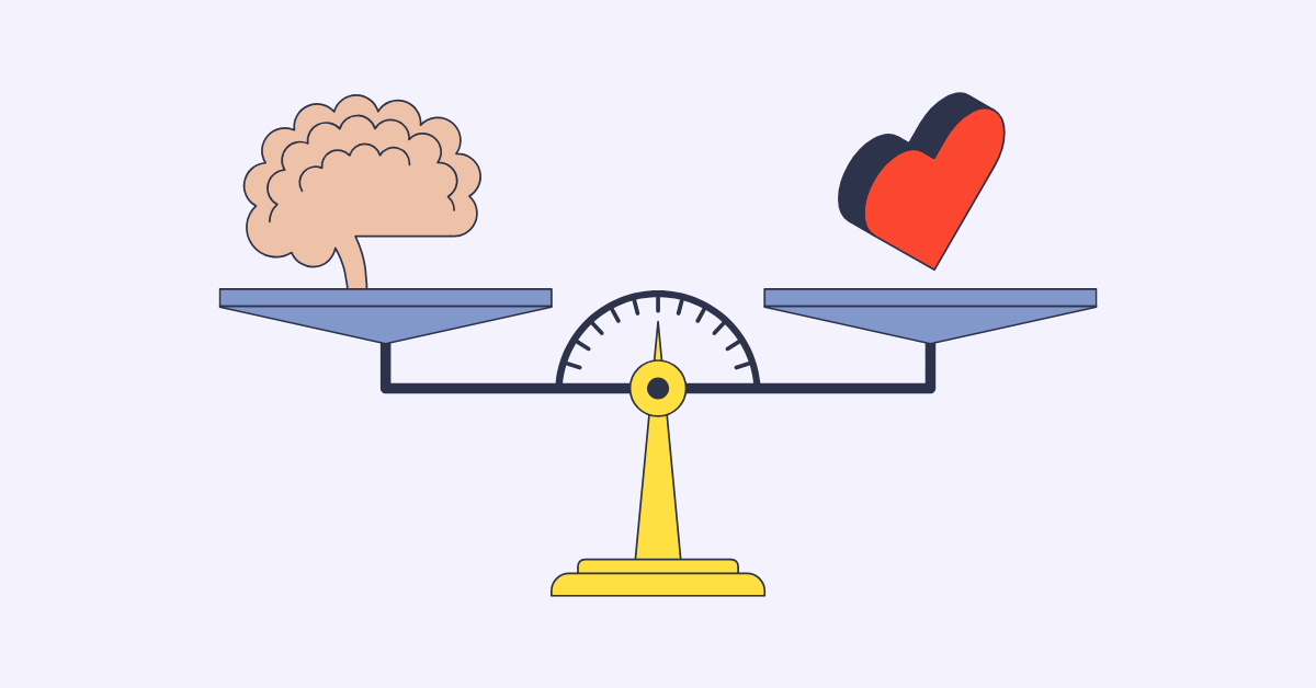 An illustrated set of scales reflects a brain on the left and a heart on the right in equilibrium.