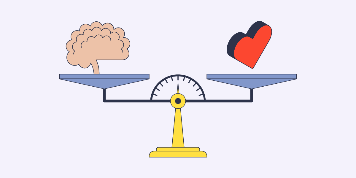 An illustrated set of scales reflects a brain on the left and a heart on the right in equilibrium.