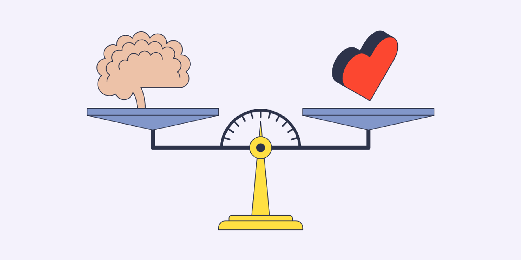 An illustrated set of scales reflects a brain on the left and a heart on the right in equilibrium.