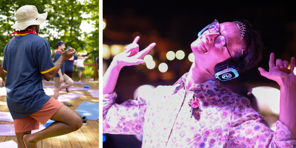 An image of a person doing yoga outside next to another image of a person at a silent disco. 