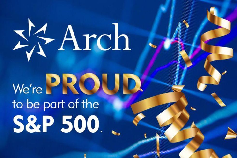 Arch S&P 500 Celebration Graphic with a blue background and gold ribbons