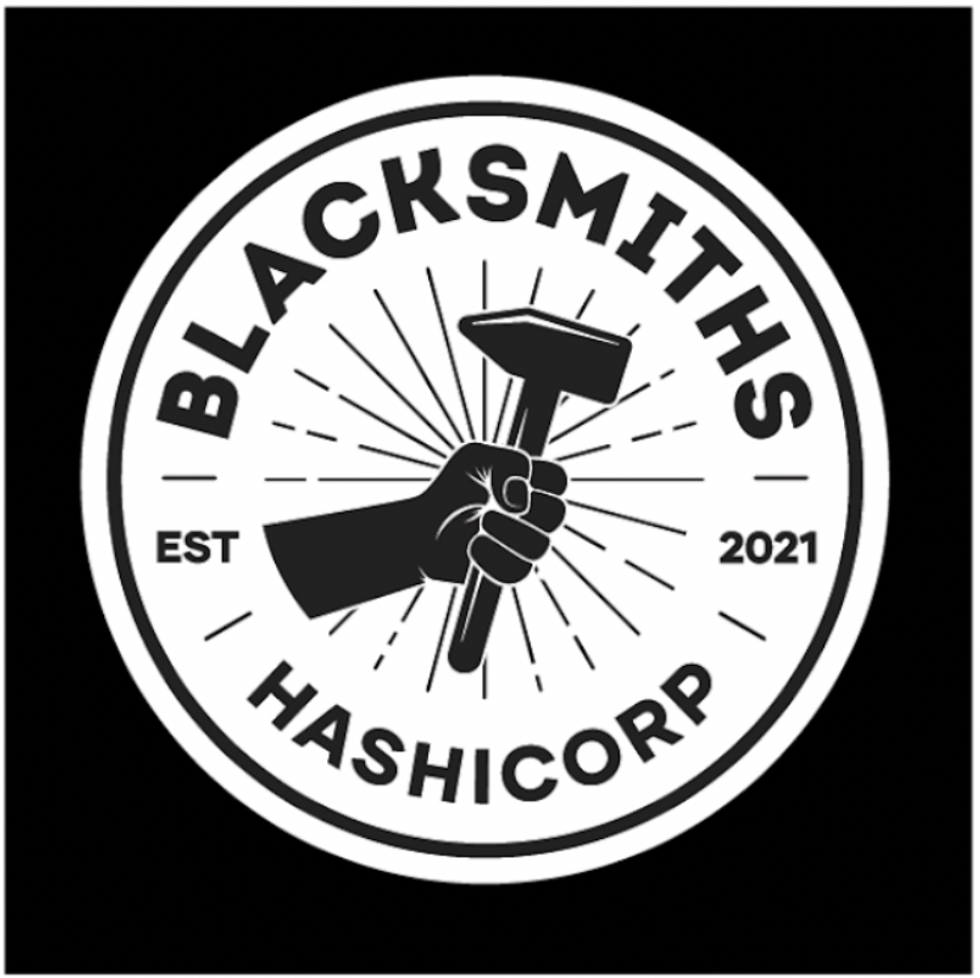 Black and white HashiCorp's Blacksmiths logo, a hand holding a hammer EST 2021